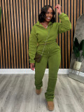Zipper Half High Collar Waist with Velvet Hoodie, Tie Rope Pants, Sports Set