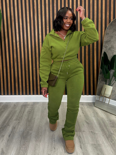 Zipper Half High Collar Waist with Velvet Hoodie, Tie Rope Pants, Sports Set