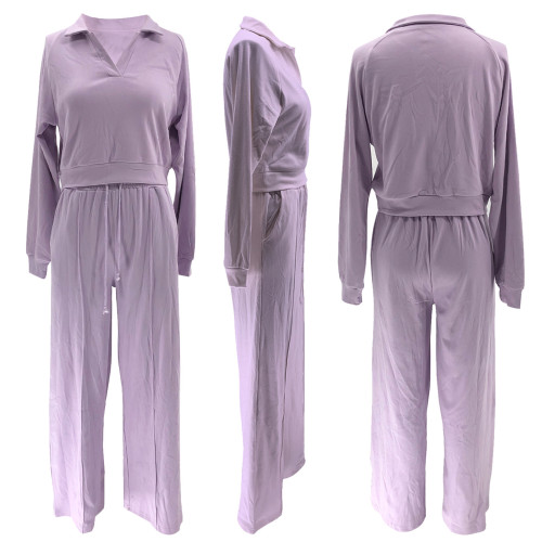 Solid color V-neck pullover long sleeved sweatshirt set