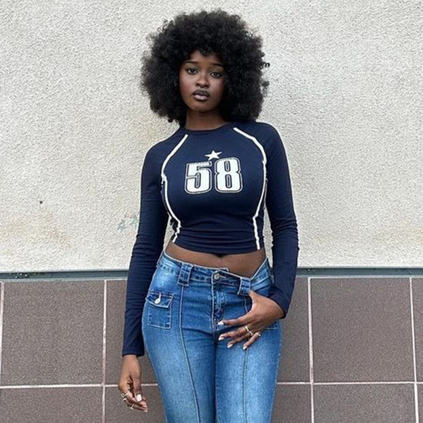Waist tight printed long sleeved top T-shirt