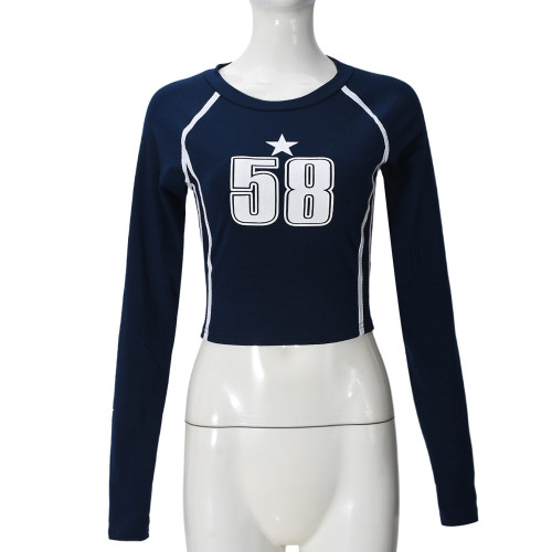 Waist tight printed long sleeved top T-shirt