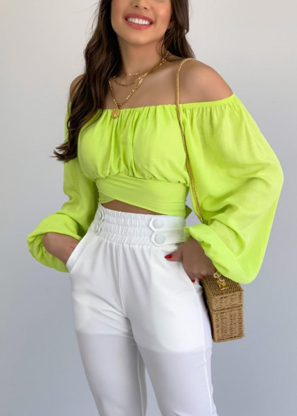 Umbilical lantern sleeves, one collar tie up, bubble sleeve shirt top
