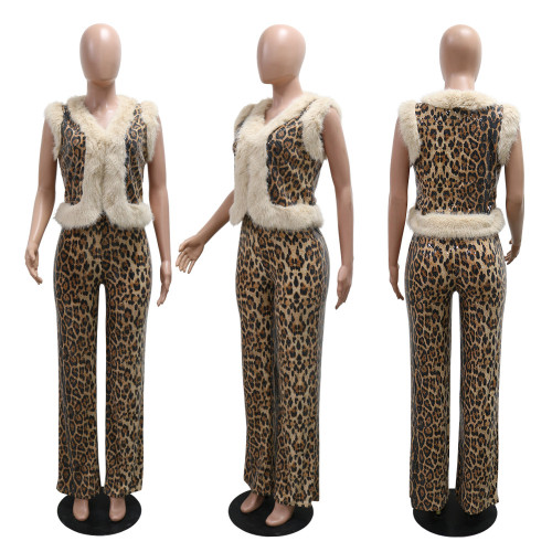 Leopard print sequin wool strip sleeveless top and pants two-piece set