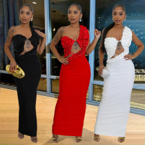 Single shoulder hollowed out hip hugging pleated slit dress