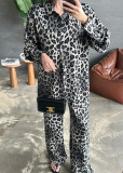 Long sleeved leopard print shirt and wide leg pants two-piece set
