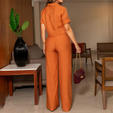 Two piece set of shirt collar short top paired with straight leg wide leg pants