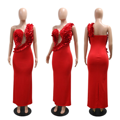 Single shoulder hollowed out hip hugging pleated slit dress