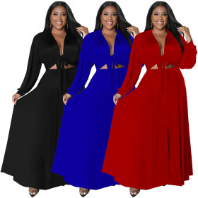 Cotton strap long sleeved top with large swing skirt set