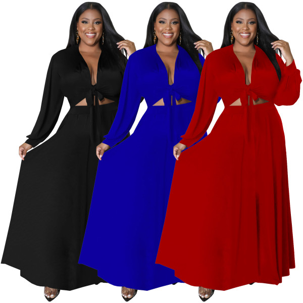Cotton strap long sleeved top with large swing skirt set