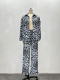 Long sleeved leopard print shirt and wide leg pants two-piece set