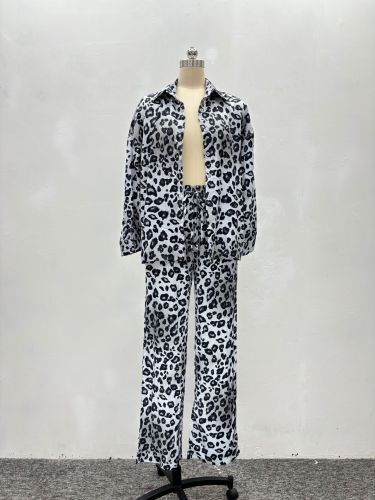 Long sleeved leopard print shirt and wide leg pants two-piece set