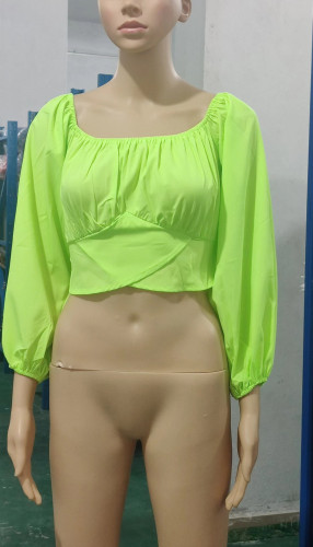 Umbilical lantern sleeves, one collar tie up, bubble sleeve shirt top