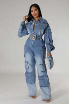 Workwear washing and distressed denim jumpsuit with multiple pockets and wide legs