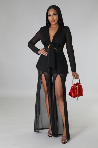 Waist tied small suit long sleeved slit two-piece set