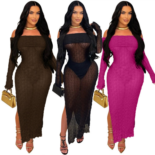 One neck split hip skirt with a see through effect