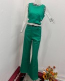 Solid color button down pants set