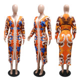 Printed V-neck long sleeved dress, long skirt