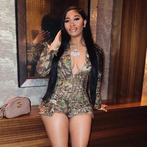 Deep V tight camouflage jumpsuit shorts