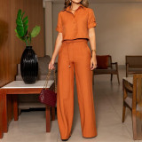 Two piece set of shirt collar short top paired with straight leg wide leg pants