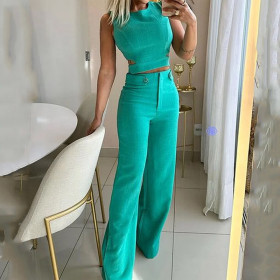 Solid color button down pants set