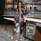Printed V-neck long sleeved dress, long skirt