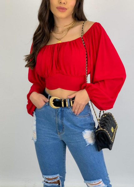 Umbilical lantern sleeves, one collar tie up, bubble sleeve shirt top