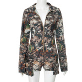 Deep V tight camouflage jumpsuit shorts