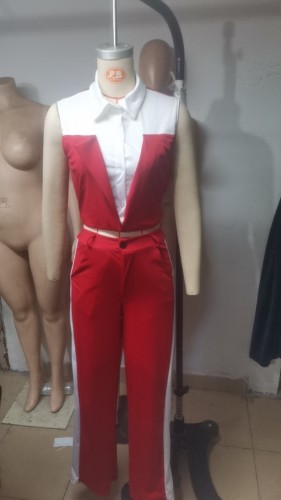 Tank top shirt patchwork contrasting pocket pants two-piece set