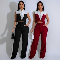 Tank top shirt patchwork contrasting pocket pants two-piece set
