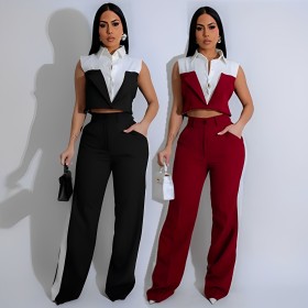 Tank top shirt patchwork contrasting pocket pants two-piece set