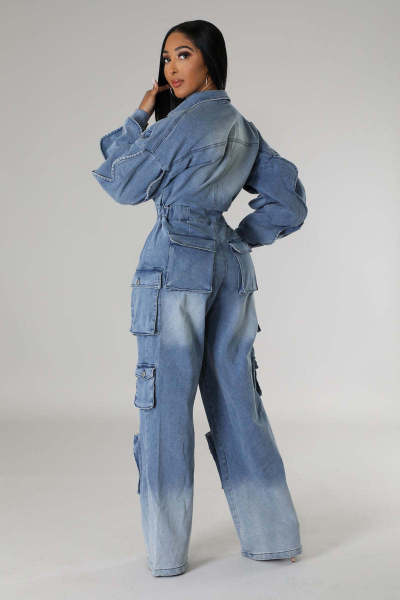 Workwear washing and distressed denim jumpsuit with multiple pockets and wide legs
