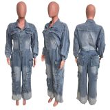 Workwear washing and distressed denim jumpsuit with multiple pockets and wide legs