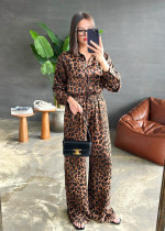 Long sleeved leopard print shirt and wide leg pants two-piece set