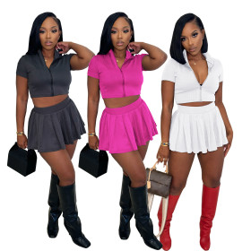 Ribbed knit zipper lapel top pleated skirt set