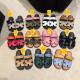 One word Velcro Color blocked Flat Low Slippers