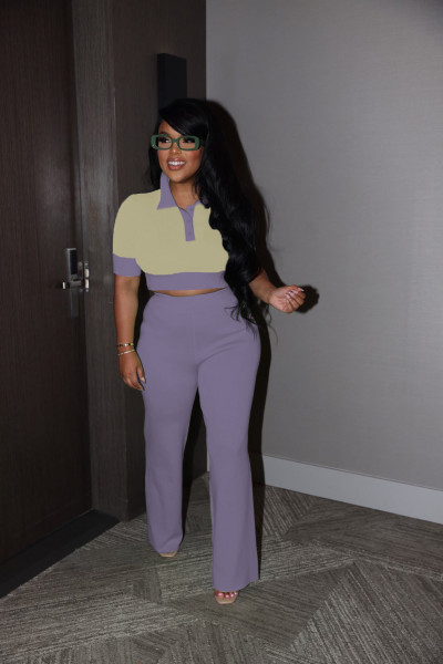 Splicing contrasting POLO collar short sleeved top, wide leg pants set