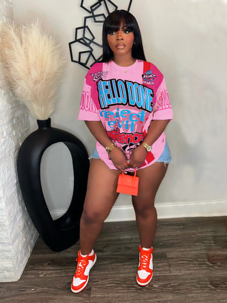 Round neck loose multi-color letter short sleeved T-shirt