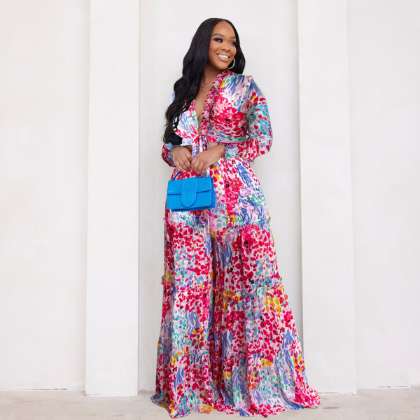 Two piece set of contrasting printed chiffon long sleeved lace up flared pants