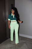 Splicing contrasting POLO collar short sleeved top, wide leg pants set