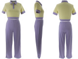 Splicing contrasting POLO collar short sleeved top, wide leg pants set