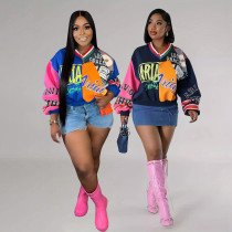 Splicing contrasting letter print loose V-neck sweatshirt Splicing contrasting letter print loose V-neck sweatshirt