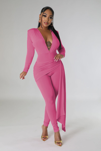 Deep V-neck jumpsuit, tight fitting long sleeved jumpsuit