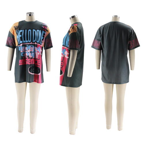 Round neck loose multi-color letter short sleeved T-shirt