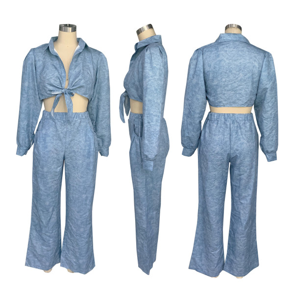 Long sleeved wide leg pants set, loose shirt pants set
