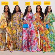 Two piece set of contrasting printed chiffon long sleeved lace up flared pants