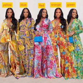 Two piece set of contrasting printed chiffon long sleeved lace up flared pants