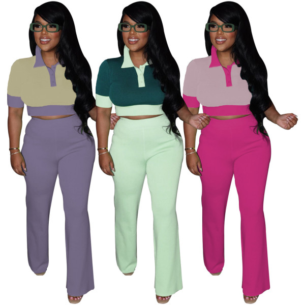 Splicing contrasting POLO collar short sleeved top, wide leg pants set