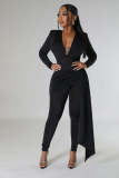 Deep V-neck jumpsuit, tight fitting long sleeved jumpsuit