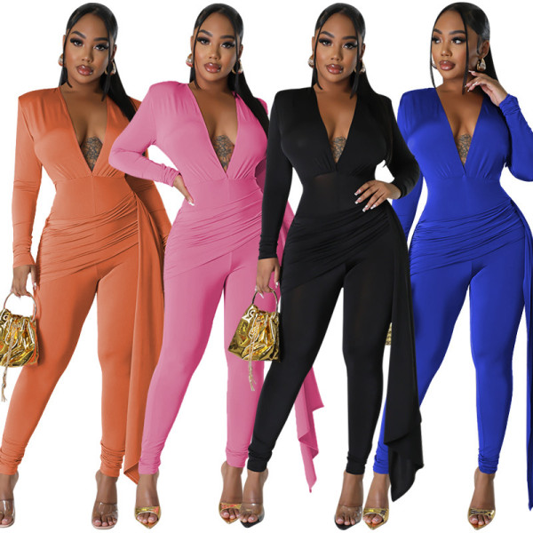 Deep V-neck jumpsuit, tight fitting long sleeved jumpsuit