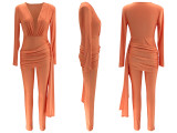 Deep V-neck jumpsuit, tight fitting long sleeved jumpsuit